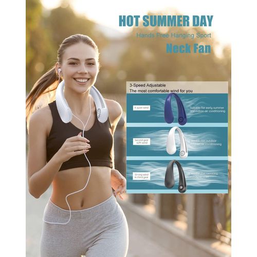Ventilateur de cou portable, USB, 4 000 mAh, silencieux, sans pales, rechargeable, 3 vitesses, pour bureau, maison et voyage (blanc pur)