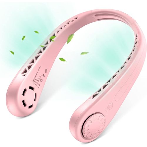 Ventilateur de cou rose léger, mains libres, sans pales, silencieux, rechargeable, 3 vitesses, réglable à 360°, pour camping, bureau
