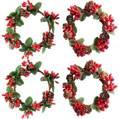 Couronne de Noël, 4 (8 x 8 cm) couronnes de baies de pin artificielles, guirlande de décoration, anneaux de bougies piliers pour la décoration intérieure de la maison à l'entrée.