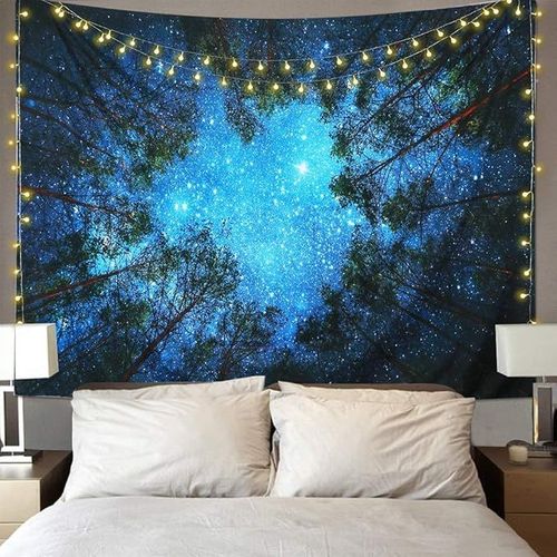 Tapisserie Murale Forêt Étoilée, Tapisserie Galaxie, Tenture Murale Ciel Étoilé, Tapisserie Psychédélique, Tapisserie Bleue, Décoration Pour Chambre À Coucher, Salon