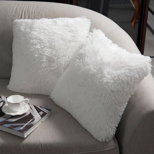 Slep-Lot De 2 Housse De Coussin Fourrure Moelleux Doux En Peluche Coussins Carré Décoratif Pour Salon Canapé Chambre Voiture 60x60 Cm Blanc