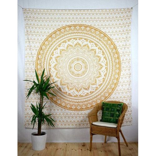 Tapisserie Indienne Bohème, Tapis De Yoga, Mandala Jaune - 150 X 150 Cm
