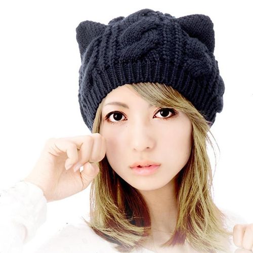 Chat Oreille Beanie Hat-Noir Chat Mignon Chapeau Tricoté L'hiver Tricot Câble Chapeau Pour Les Femmes, Les Filles