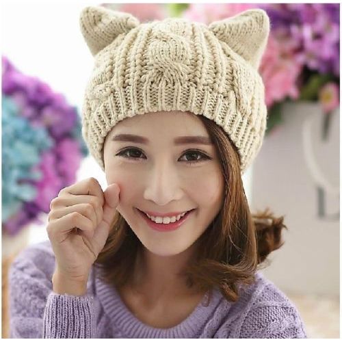 Chat Oreille Beanie Hat-Beige Chat Mignon Chapeau Tricoté L'hiver Tricot Câble Chapeau Pour Les Femmes, Les Filles