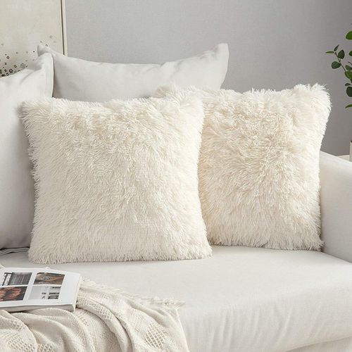 Tianyi-Lot De 2 Housse Coussin De Canapé Fausse Fourrure Deluxe Decoration Canapé Maison Chambre Lit Super Doux Peluche Taie D'oreiller 45 X 45 Cm Beige