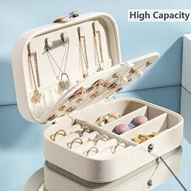 Boîte à bijoux petite de voyage pour les femmes et les filles, pour les bagues, boucles d'oreilles, colliers et bracelets, avec chiffon de polissage d'argent (blanc)