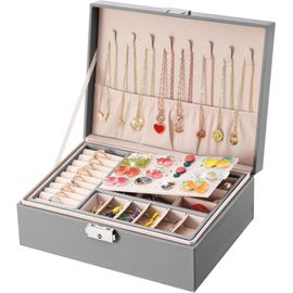 Boite à bijoux en cuir de deux niveaux pour les femmes avec serrure, pour les bagues, boucles d'oreilles, des bracelets et des colliers (gris)