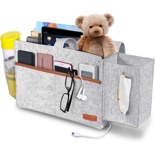 Gris Clair - 1 Sac De Lit, Sac De Rangement De Chevet Et Boîte À Mouchoirs Avec Télécommande, Tablette, Câble De Chargement, Magazine, Lunettes, Stylo-Générique