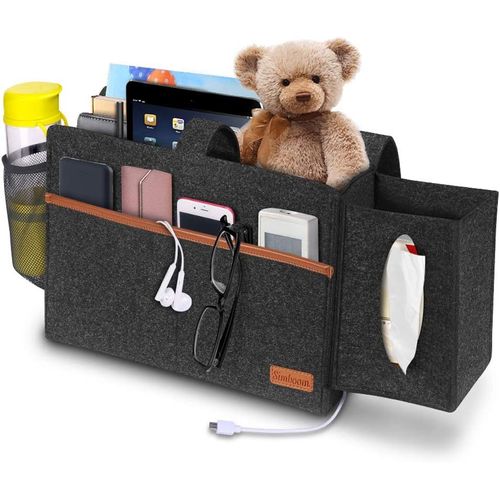 Gris Foncé - 1 Sac De Lit, Sac De Rangement De Chevet Et Boîte À Mouchoirs Avec Télécommande, Tablette, Câble De Chargement, Magazine, Lunettes, Stylo-Générique
