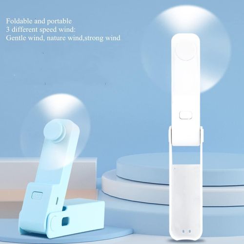 Ventilateur USB pliable rechargeable bleu, mini ventilateur personnel portable pour les voyages, mini ventilateur de poche USB avec 3 vitesses réglables, 2 pales en silicone