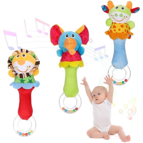 Lot De 3 Hochets Pour Bébé, Jouets En Peluche Doux, Jouets Musicaux Éducatifs, Développement Infantile Pour Bébé De 0 À 12 Mois (Éléphant/Lion/Veau)