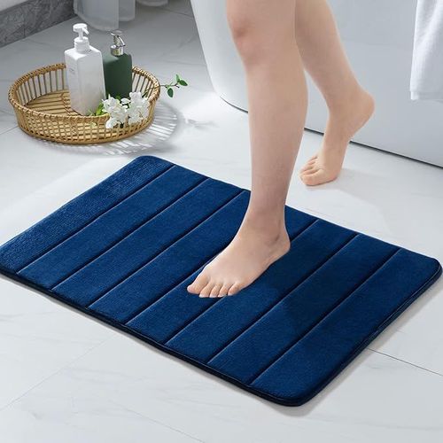 60x90 Bleu Foncé , 1 Pièce Tapis De Salle De Bain Antidérapant Doux Absorbant Mousse À Mémoire De Forme Microfibre Couleur Unie Motif De Ligne Pour Baignoire Douche Chambre Salon Cuisine