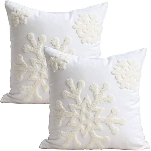 Housses De Coussin Brodées En Toile Souple 45 X 45 Cm, Motif Flocons De Neige De Noël Et D'hiver, En Coton Et Lin (1 Paire, Blanc), Pour Lit, Canapé, Taies D'oreiller Pour Enfants