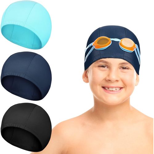 Pack De 3 Enfants Polyester Nage Casquettes Tissu Élastique En Nylon Bonnet De Bain Pour Les Cheveux Longs Unisexe Imperméable À L'eau