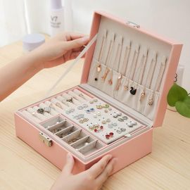 Boîte à bijoux (rose) pour femme, boîte à bijoux de voyage verrouillable en cuir, organisateur de bijoux à 2 niveaux, petit étui de rangement pour bijoux