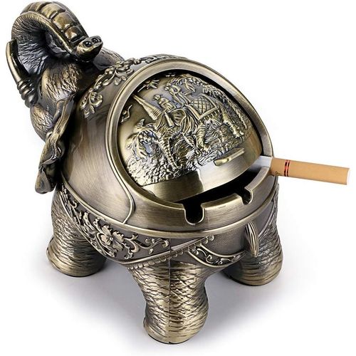 Cendrier coupe-vent vintage avec couvercles - Cendrier de table à modeler en forme d'éléphant rétro pour usage extérieur et intérieur, décoration rétro pour la maison et le bureau Bronze vert