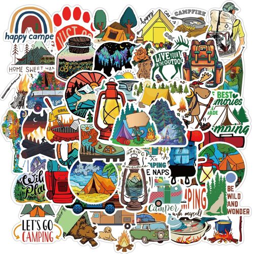 Autocollant 50 Pièces Camping Graffiti Stickers pour Portable Voiture Ordinateur Moto Velo Casque Skateboard Guitare Bouteille d'eau Guitare Décalcomanies Cool Decoration Cadeaux