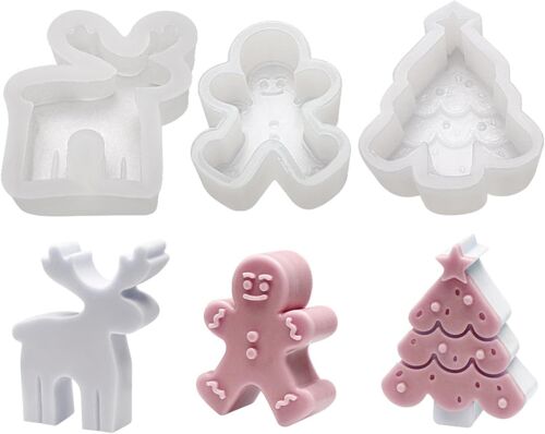 Lot De 3 Moules À Bougies En Forme D'élan, De Sapin De Noël, En Pain D'épices, En Silicone, Pour La Fabrication De Bougies, De Pierres Aromatiques Et De Chocolat