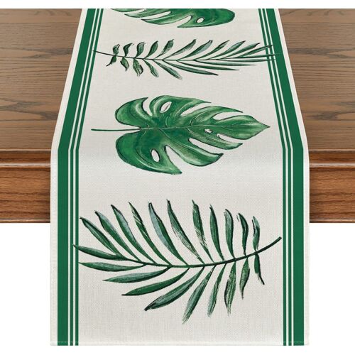 Chemin De Table Décoratif D'été 33 X 180 Cm (Feuilles Vertes), Chemin De Table En Toile De Jute Pour Mariage, Fêtes D'été Et D'automne Et Décoration De Table En Plein Air