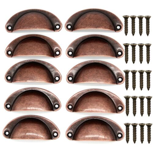 Lot de 10 poignées coquillage vintage pour tiroir, placard, meuble de cuisine, bouton de porte de placard rétro en fer courbé 8,2 cm x 3,5 cm, cuivre rouge