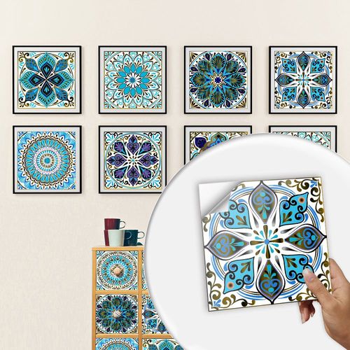 Lot de 10 papiers peints autocollants Mandala 10 x 10 cm style mosaïque