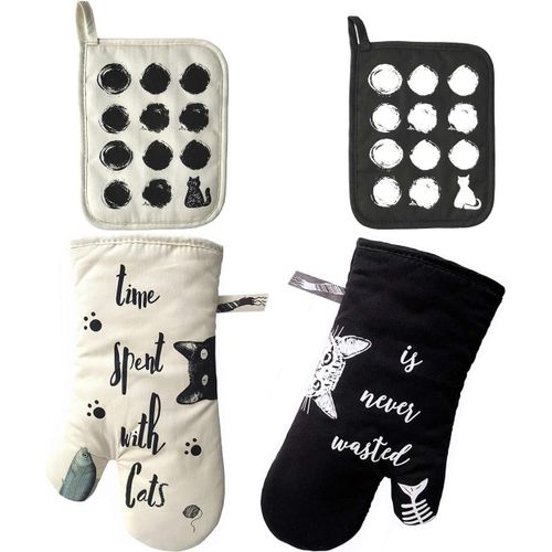 Lot De 4 Maniques En Coton Motif Chat Ivoire Et Noir