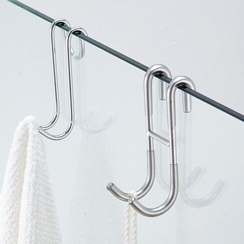 Crochet de douche sans perçage - Crochet pour paroi de douche avec caoutchouc - Support de protection pour extracteur de douche - Sans cadre - Acier inoxydable - Argent