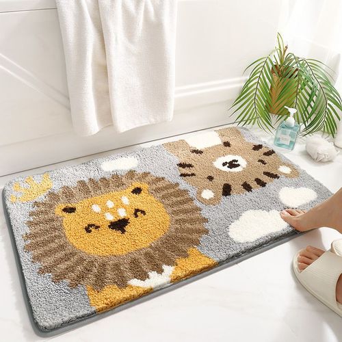 Paillasson Floqué Petit Lion 50 X 80 Cm, Antidérapant, Absorbant, Pour Entrée, Toilettes, Salle De Bain