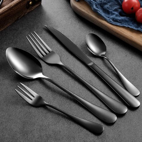 (Noir)Ensemble De Couverts Pour 1 Personnes, 5 Pièces En Acier Inoxydable, Couverts Avec Fourchette, Cuillère, Couteau À Steak, Poli Miroir, Passe Au Lave-Vaisselle