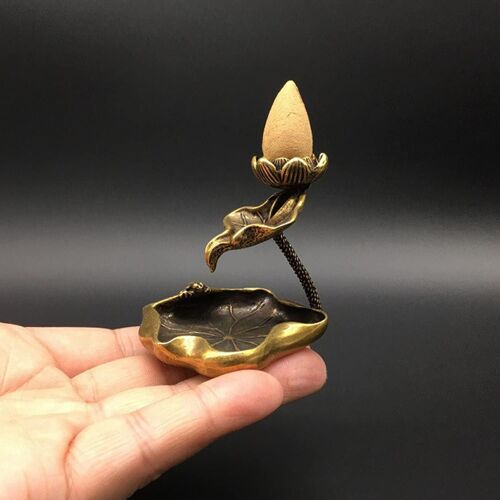 Porte-encens à refoulement de Lotus, brûleur d'encens en cascade de grenouille de Lotus en laiton vintage, décor à la maison d'ornement d'aromathérapie
