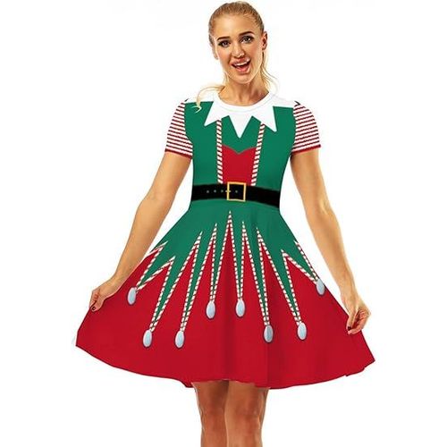 Womens Manche Courte Décontractée A-Ligne De Robe De Noël,Moyen