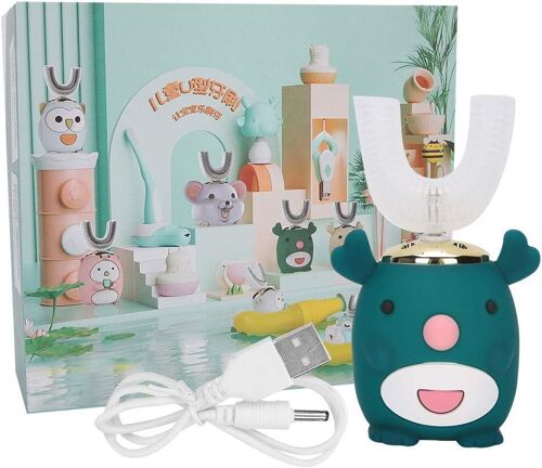 Brosse À Dents Électrique Pour Enfants En Forme De U, Brosse À Dents Ultrasonique À 360°, Tête De Brosse En Gel De Silice, Brosse À Dents Pour Tout-Petits Avec Minuteur [6 - 14 Ans] (Vert)