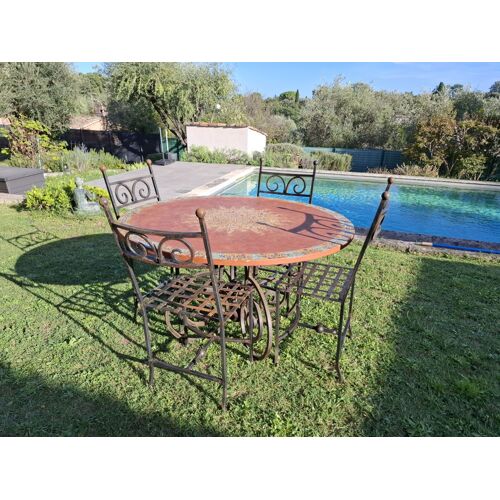 Table En Fer Forge Massif "De Tonge" Plateau Zellige Et Ses 4 Chaises