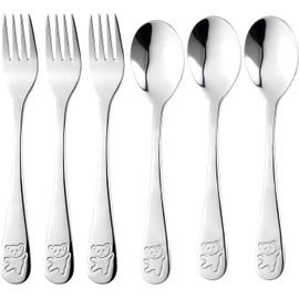 Ensemble De Couverts Pour Enfants En Acier Inoxydable 6 Pièces : 3 Fourchettes Et 3 Cuillères Pour La Maison, L'école Et La Maternelle (Ours, Argent)