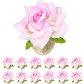 12 anneaux de serviette, avec des fleurs artificielles (rose) pour la décoration des mariages, des fêtes, des dîners, de Pâques et de Noël.