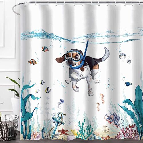 Rideau de douche en polyester 180 x 180 cm, motif chien de plongée, animal marin, imperméable, durable, moderne, décoratif, avec 12 crochets