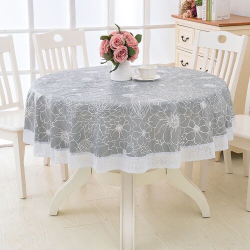 Nappe Ronde En Toile Cirée (Grise, 152 Cm), Imprimé Floral Et Dentelle, Imperméable Et Antitache, Idéale Pour La Salle À Manger, Le Jardin, Un Café Ou Une Fête.
