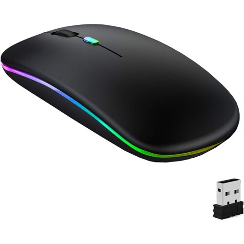 Souris sans fil rechargeable, Bluetooth, deux modes (BT 5.1 + 2,4 GHz), ultra-fine et silencieuse (800-1200-1600), avec câble USB, pour PC/tablette/ordinateur portable (noir)