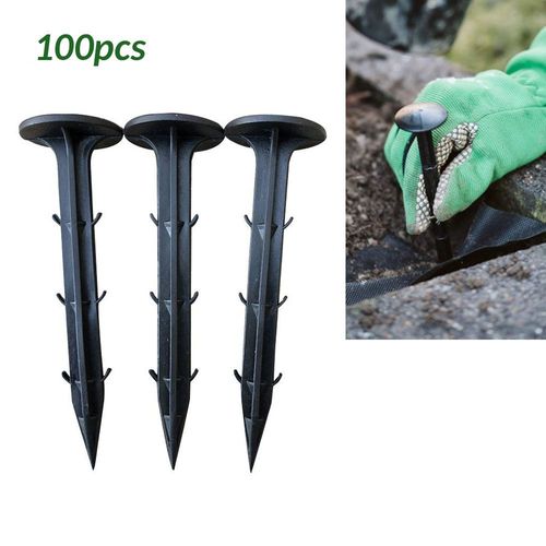 100 Piquets De Jardin Pour Fixer Une Toile Anti-Mauvaises Herbes. Piquet De Sol En Plastique Noir.