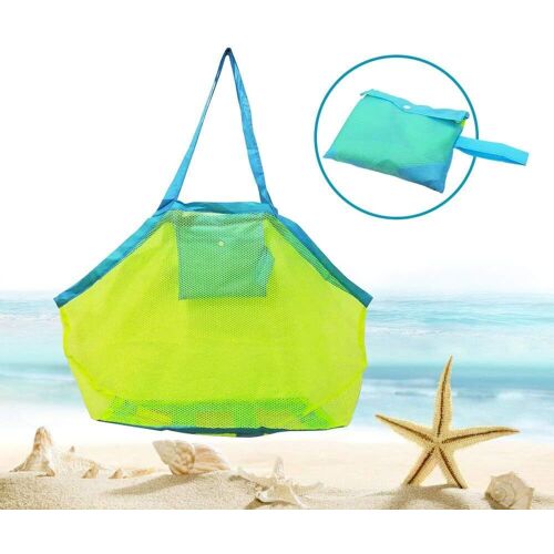 Sac de Jouets Plage en Maille Filet de Rangement Jouet pour le Transport de Jouets et de Serviettes Jouet Sable Loin 40*24*40cm Vert Maille & Bleu Sangles