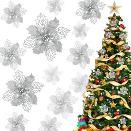Lot de 12 fleurs artificielles de Noël, 16 cm (argent), pour sapin de Noël, avec 12 pinces, décorations à paillettes pour Noël, mariage et Nouvel An.