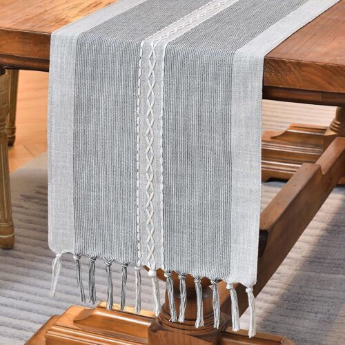 Chemin De Table Brodé En Lin De 183 Cm De Long Avec Pompons Pour Décorations De Fêtes, Mariages Et Repas (Gris, 33 Cm × 183 Cm)