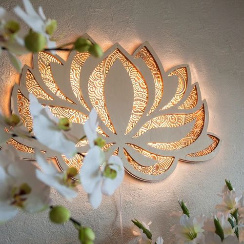 Lumière de Nuit de LED pour la Salle de Yoga, Modernes de Décoration Murale 7 Couleurs Changeantes avec le Port USB, Élégant en Bois Suspendus de Panneau de Lumière en Trois Dimensions (Lotus)