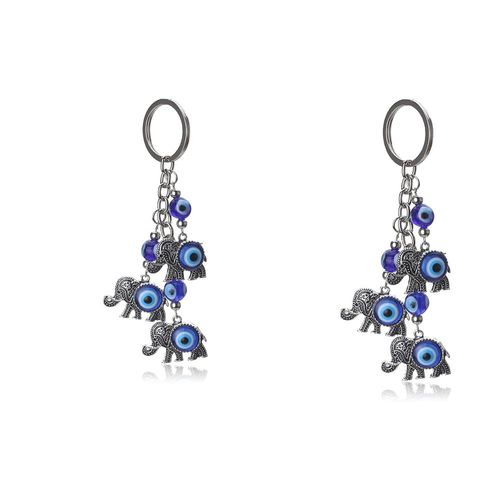 Lot De 2 Décorations Porte-Bonheur Et Porte-Clés Pour Voiture - Éléphant Argenté Avec Strass Bleus Et Perles En Résine Bleues, Blanches Et Noires - Accessoires Pour Rétroviseur - Cadeaux-Générique
