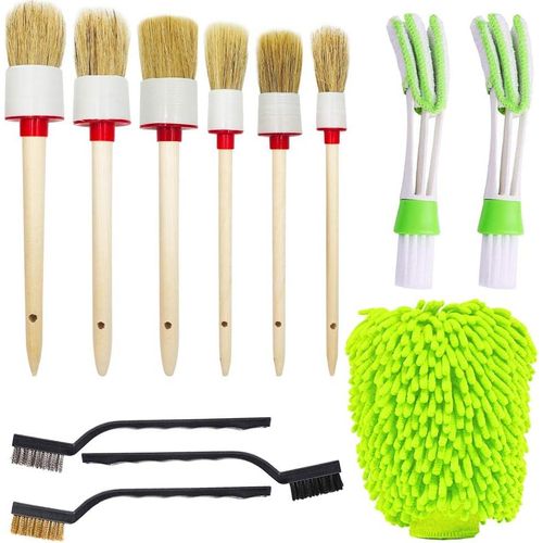 Kit De Nettoyage De Voiture Avec 12 Brosses De Nettoyage, 6 Brosses De Nettoyage Pour Roues, 3 Brosses Métalliques, 2 Brosses Pour Grille D'aération Et 1 Gant De Voiture.