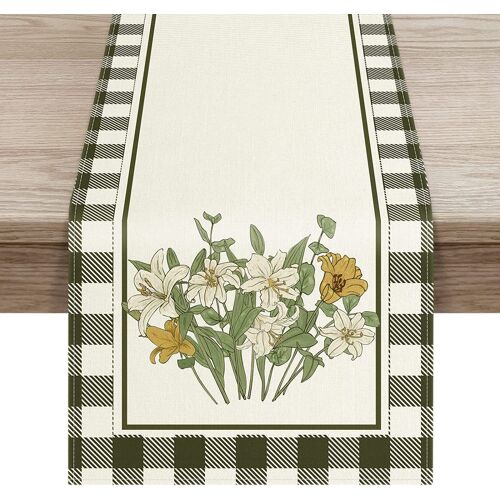 Chemin De Table Décoratif D'été 33 X 180 Cm (Motif À Carreaux De Feuilles Vertes), Chemin De Table En Toile De Jute Pour Mariage, Été, Fête D'automne, Décoration De Table En Extérieur