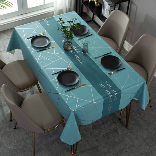 Nappe Rectangulaire Antisalissure En Toile Cirée Pu, Imprimé Rétro, Pour Table À Manger, Pique-Nique, Fête, Jardin, Cuisine (Bleu Irrégulier) 137 × 60 Cm