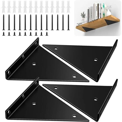 Supports d'étagère triangulaires de 15 cm, lot de 4 supports muraux robustes en fer avec vis, support d'étagère mural invisible à angle droit, grande capacité, noir