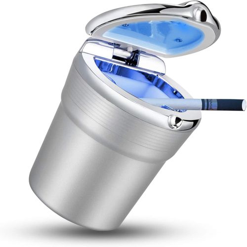 Cendrier de voiture en acier inoxydable avec couvercle et lumière LED bleue pour porte-gobelet de voiture, pour la maison et le bureau