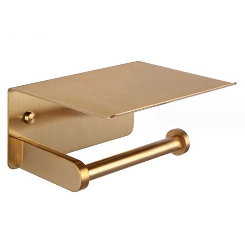 Porte-papier toilette mural avec étagère de rangement, autocollant, en aluminium (doré)